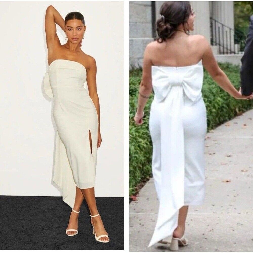 Lulus Fabulous Phenomenon White Strapless Bow Midi Dress Size XS Bridal Zip